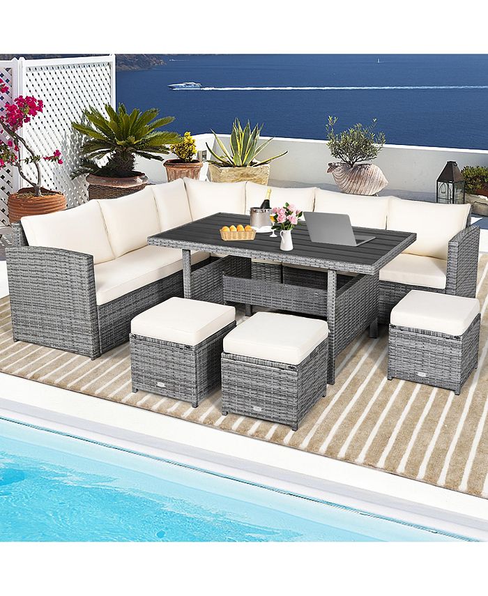 Gymax 7PCS Rattan Patio Sectional Sofa Set Conversation Set w/ White