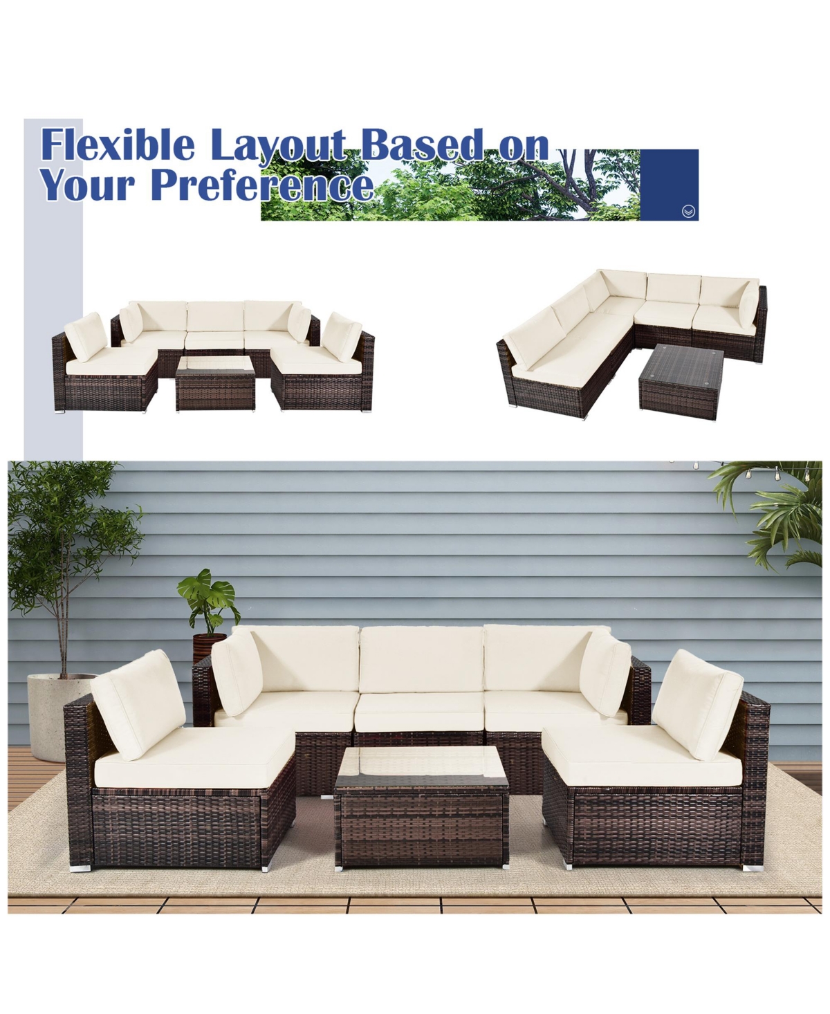 Gymax 6PCS Rattan Outdoor Sectional Sofa Set Patio Furniture Set w/ White Cushions - White+mix brown