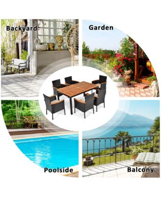 7PCS Rattan Outdoor Dining Set Patio Furniture Set w/ Cushions Umbrella Hole