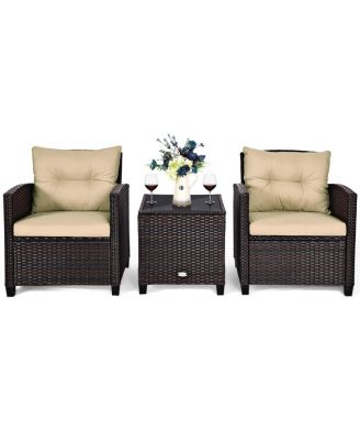 3PCS Patio Rattan Furniture Set Cushioned Sofa Coffee Table Garden