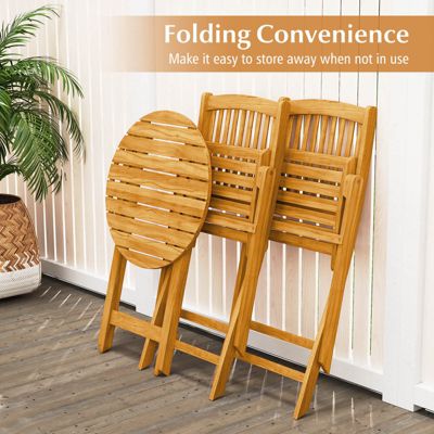 3PCS Patio Folding Wooden Bistro Set Cushioned Chair Conversation
