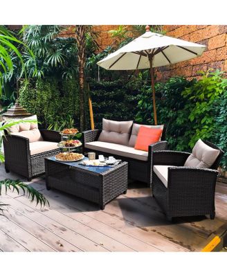 4PCS Outdoor Rattan Furniture Set Cushioned Sofa Armrest Table