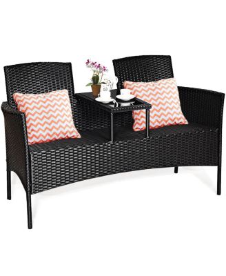 Patio Rattan Conversation Set Seat Sofa Cushioned Loveseat Glass Table Chairs