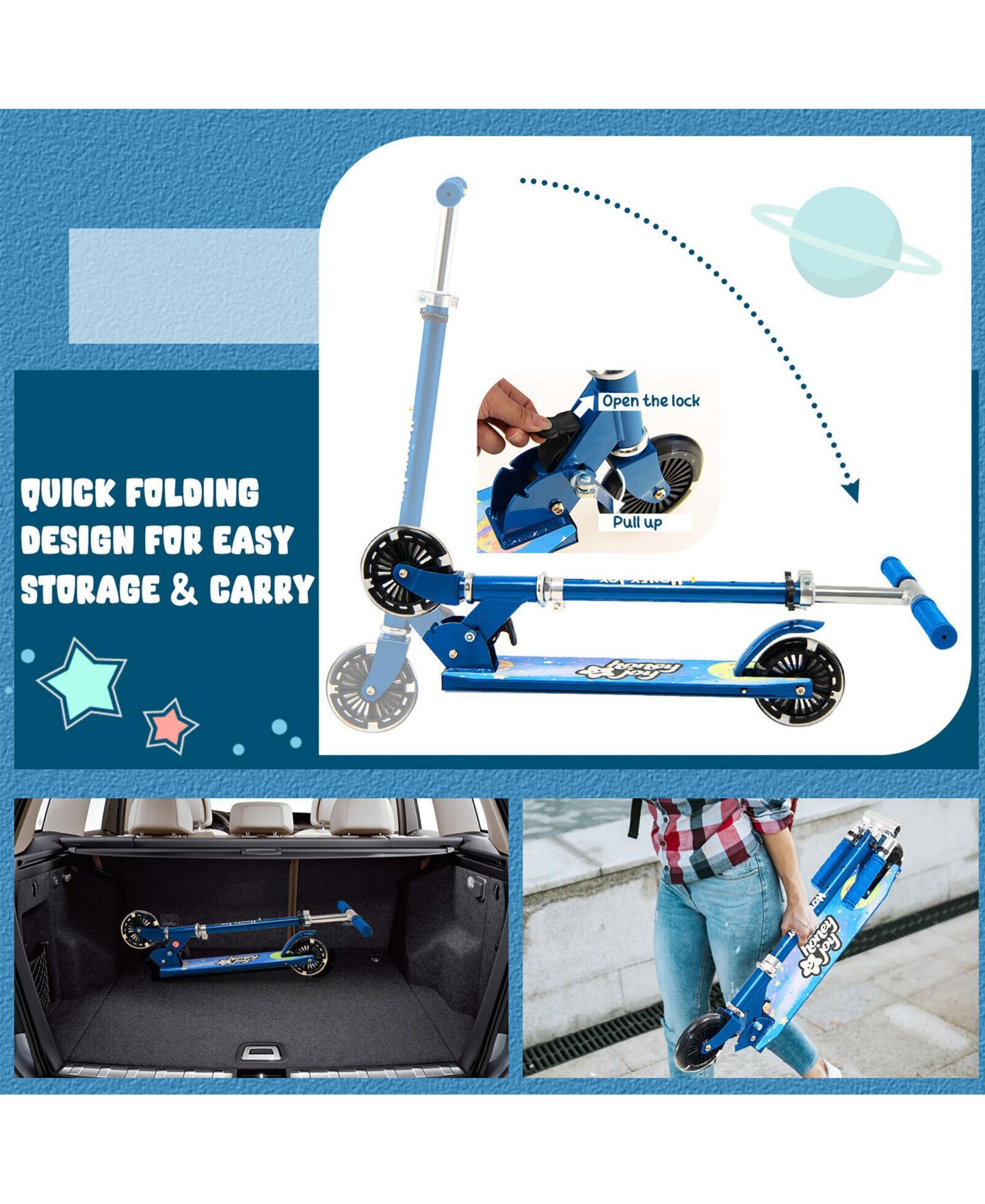 Детская игрушка Costway Folding Adjustable Height Kids Toy Kick Scooter Rear Brake 2 Flashing, цвет: Синий — фото 6