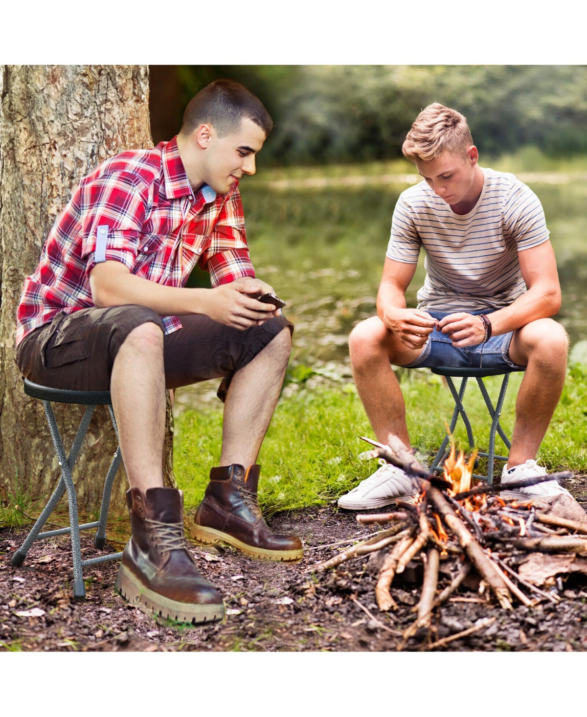 Gymax 18''H Folding Stool Portable & Foldable Camping Chair w/ Built-in Handle - Black+sliver