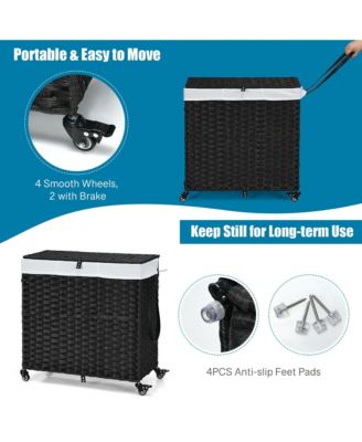 Laundry Hamper w/Wheels &amp; Lid, 125L 3-Section Clothes Hamper w/2 Liner Bags