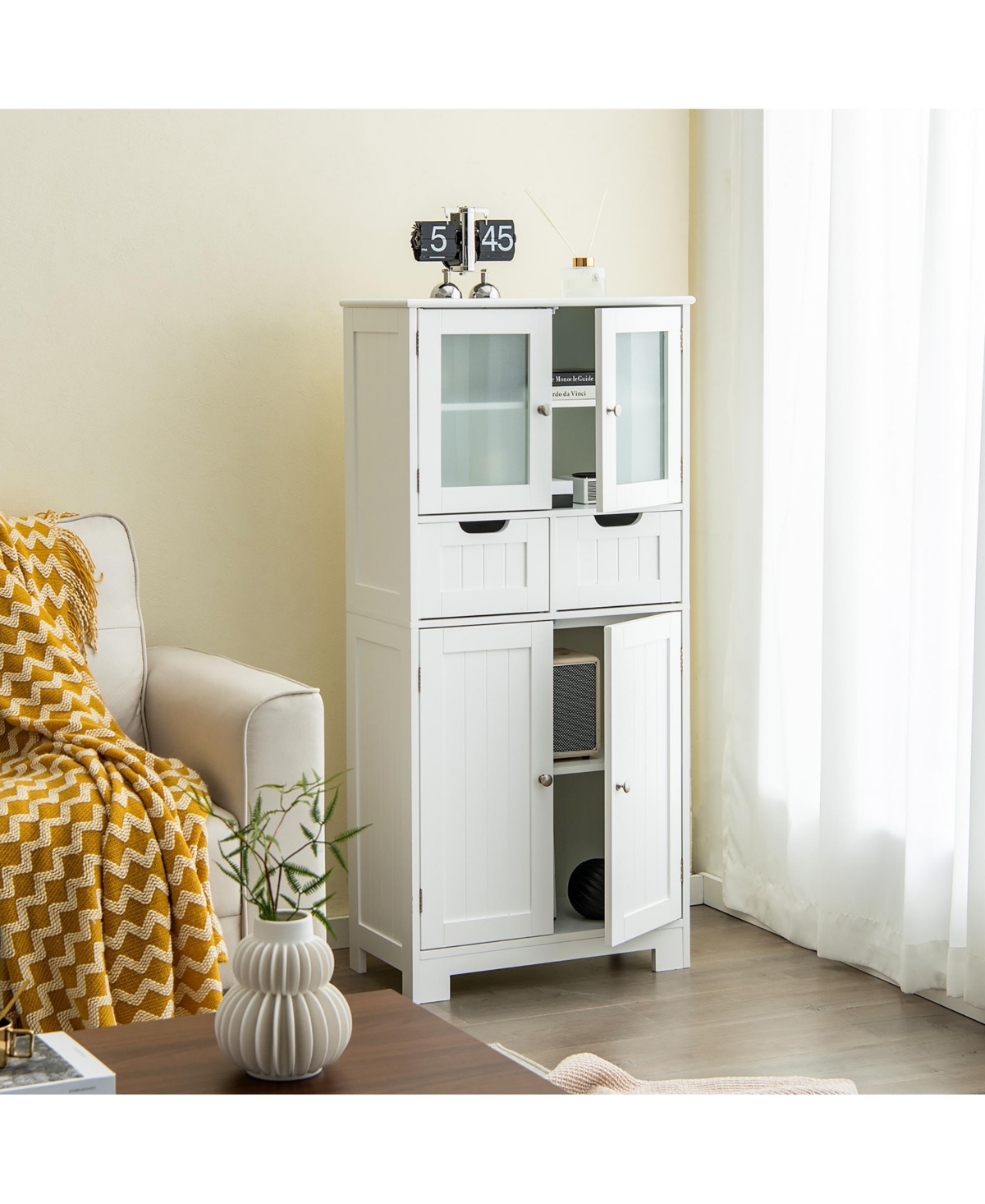 Costway Bathroom Floor Storage Cabinet Kitchen Cupboard with 2 Drawers & Glass Doors