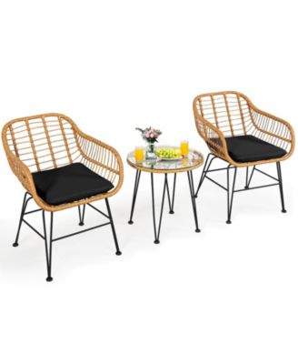 3PCS Patio Rattan Bistro Furniture Set Cushioned Chair Table