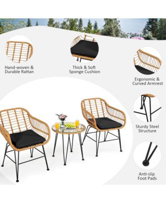 3PCS Patio Rattan Bistro Furniture Set Cushioned Chair Table