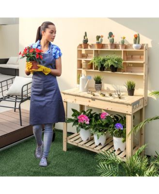 Potting Bench Table Wooden Garden Work Bench Platform with Display Rack Hidden Sink