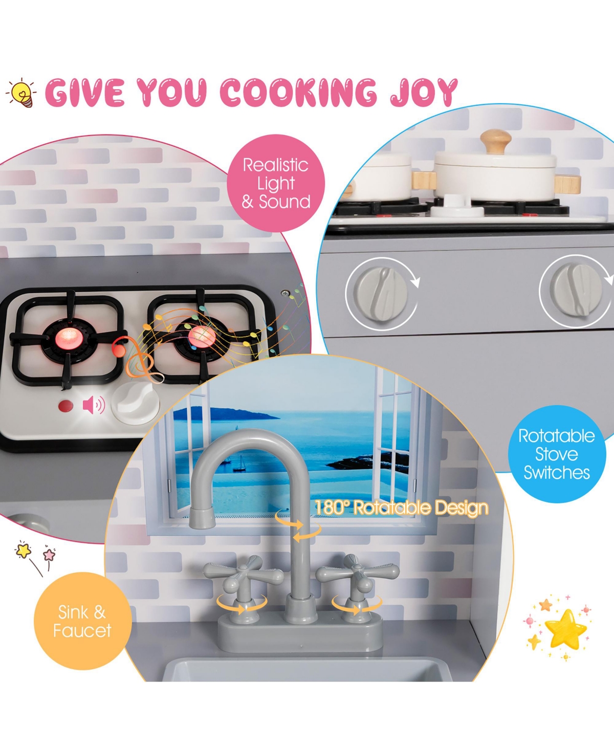 Costway 2-In-1 Double Sided Kids Kitchen Playset & Dollhouse W/ Accessories & Furniture
