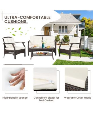 4 PCS Outdoor Rattan Conversation Set Patio Rattan Sofa Set W/ Protective Cover