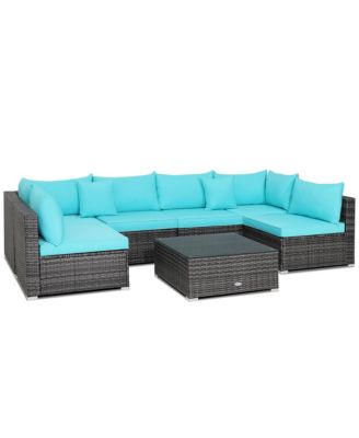 7PCS Patio Rattan Furniture Set Sectional Sofa Cushioned Garden