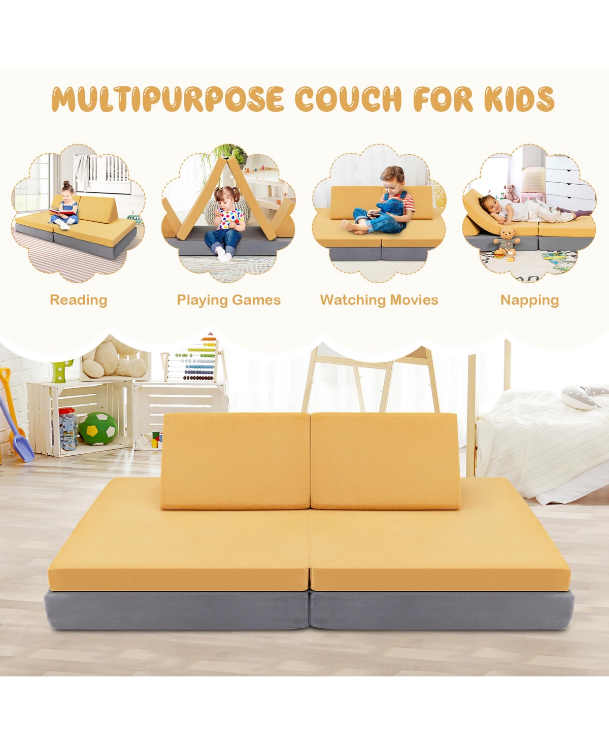 Costway 4-Piece Convertible Kids Couch or 2 Chairs Toddler