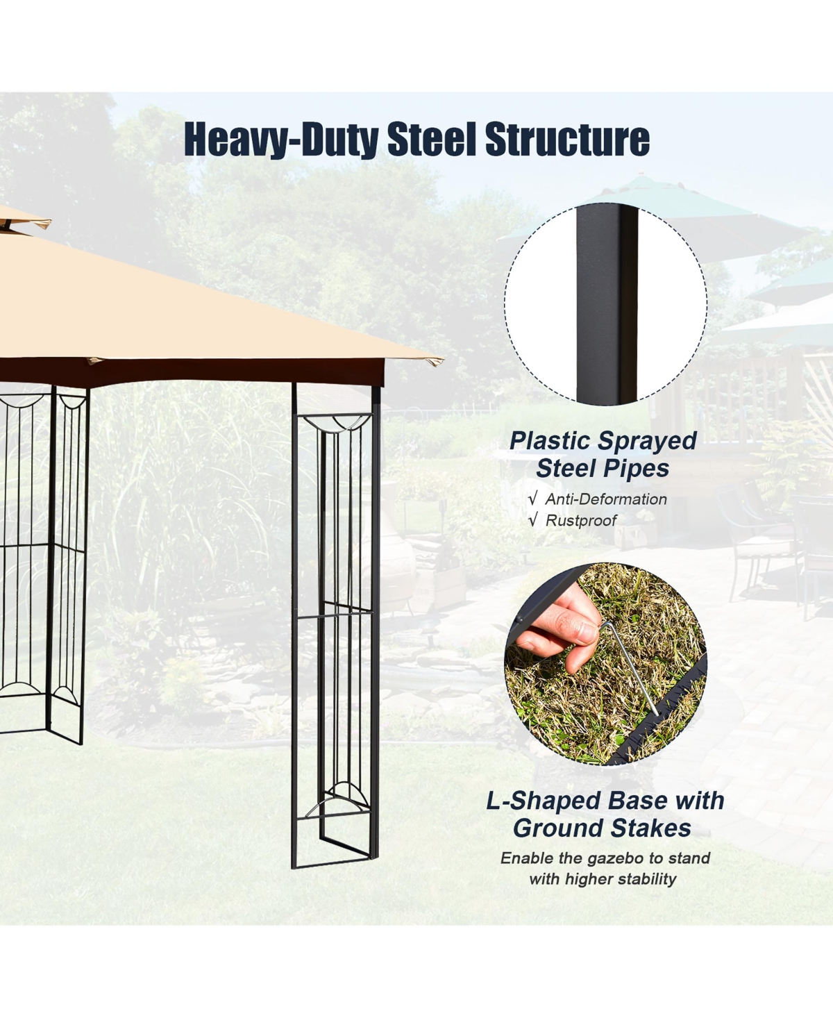 Costway Patio Canopy Gazebo Outdoor 2-Tier Steel Tent Heavy-Duty L-Shaped -khaki