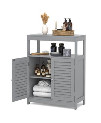 Bathroom Floor Cabinet Storage Organizer with Open Shelf & Double Shutter Door