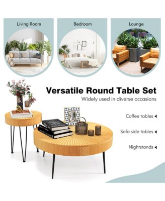 Farmhouse Round Coffee Table Set of 2 End Table Natural Finish for Living Room