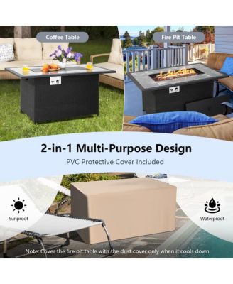 52'' Propane Fire Pit Table Marble Tabletop Rattan Wicker w/ Rain Cover Lava Rock