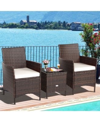 3PCS Patio Rattan Furniture Set Cushioned Sofa Glass Tabletop Deck