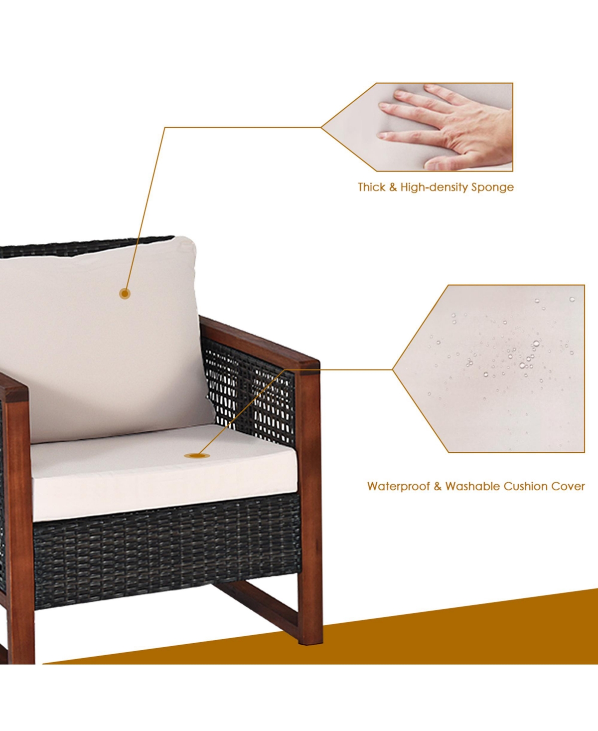 Gymax 3PCS Rattan Wicker Patio Conversation Set Outdoor Furniture Set w/ Cushion - Light beige+brown