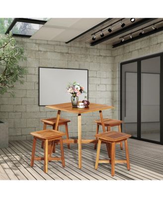 5PCS Acacia Patio Dining Set W/Square Table & 4 Stools Reddish