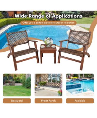 3PCS Rattan Patio Chair & Table Set Outdoor Furniture Set w/ Wooden Frame
