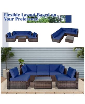 6PCS Rattan Outdoor Sectional Sofa Set Patio Furniture Set w/ Navy Cushions