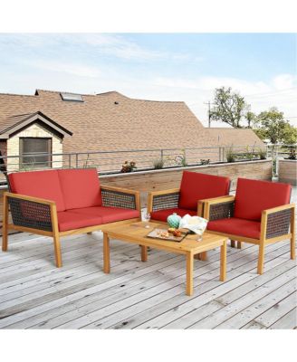 8PCS Patio Acacia Wood Furniture Set PE Rattan Conversation Set w/ Red Cushions