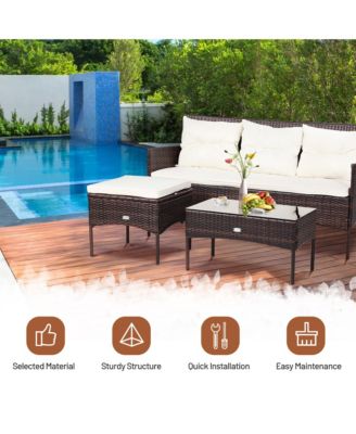3PCS Patio Rattan Sectional Conversation Furniture Set w/ Off White Cushions