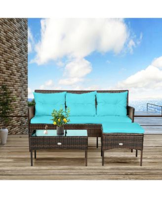 3PCS Patio Rattan Sectional Conversation Furniture Set w/ Turqouise Cushions