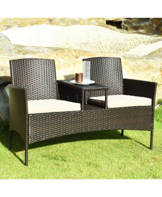 Patio Rattan Conversation Set Loveseat Sofa Cushioned Coffee Table