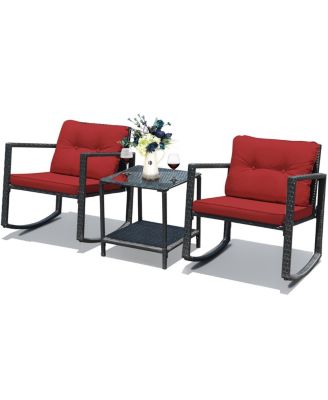 3PC Patio Rattan Conversation Set Rocking Chair Cushioned