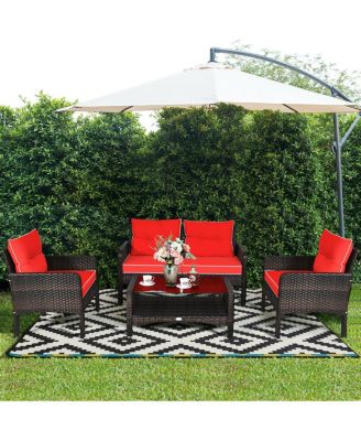 4PCS Patio Rattan Furniture Set Loveseat Sofa Coffee Table Garden