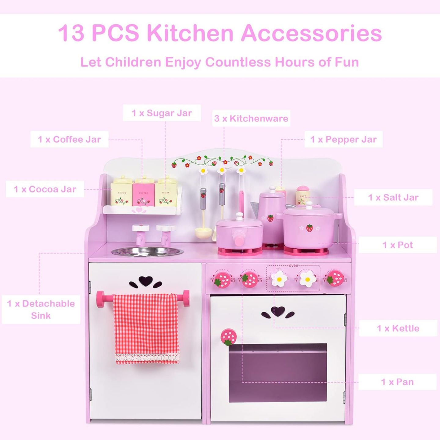 Детская игрушка Costway Strawberry Wooden 1-Piece Play Kitchen, Ages 3+, цвет: Розовый — фото 7