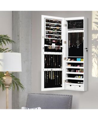 Wall Mounted Mirrored Jewelry Cabinet Organizer w/LED Lights