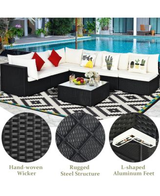 7PCS Patio Rattan Furniture Set Sectional Sofa Cushioned Glass Table