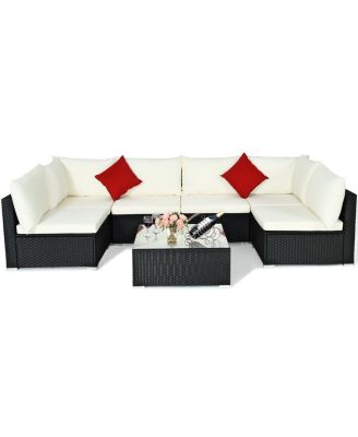 7PCS Patio Rattan Furniture Set Sectional Sofa Cushioned Glass Table