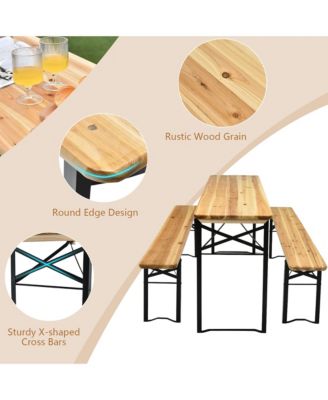 3 PCS Beer Table Bench Set Folding Wooden Top Picnic Table Patio Garden