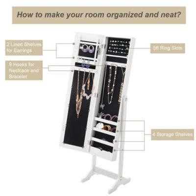 Mirrored Jewelry Cabinet Organizer Storage Box White