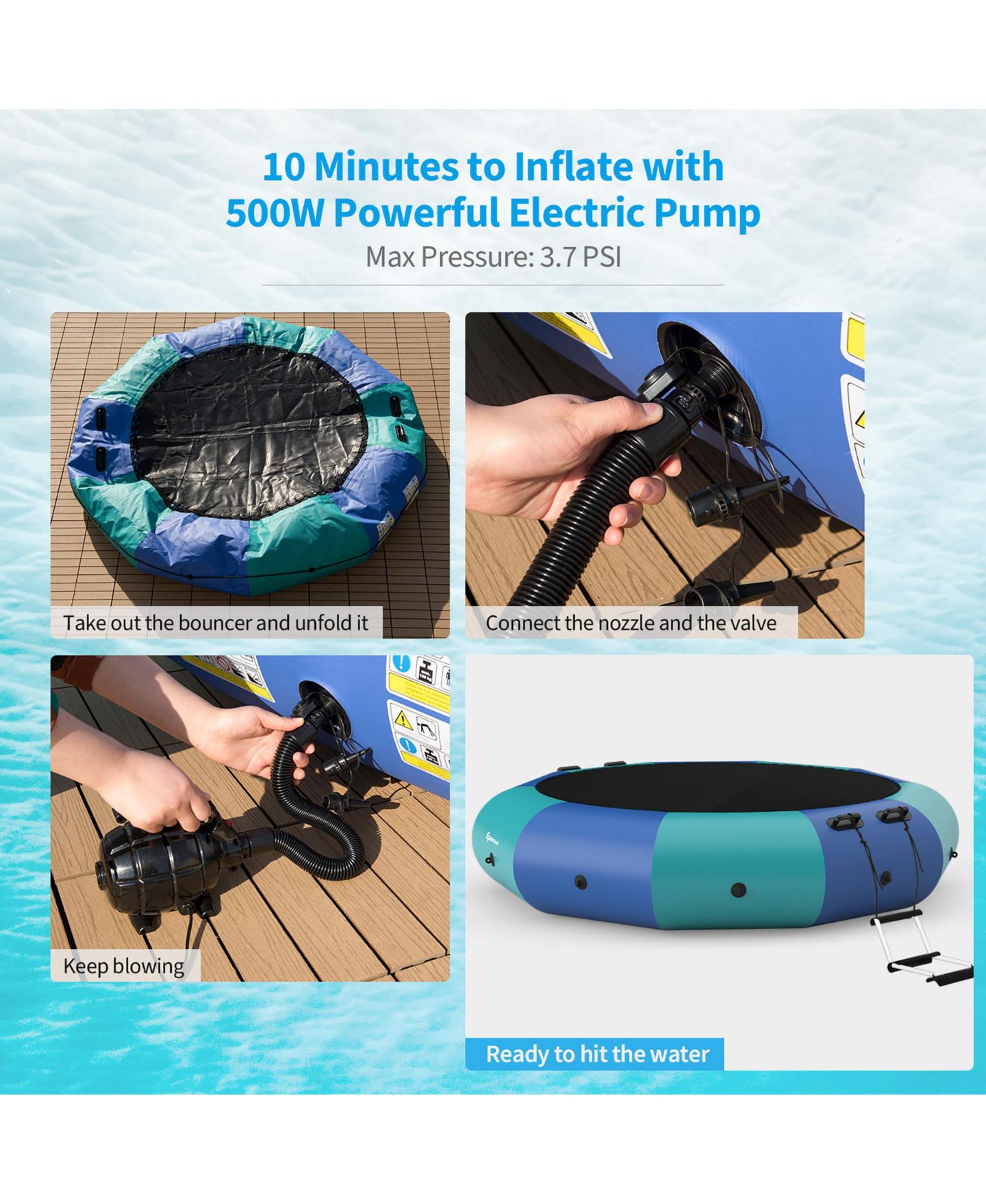 Детская игрушка Costway 10FT Inflatable Water Bouncer Splash Padded Water Trampoline, цвет: Синий — фото 8