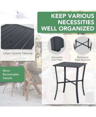 Patio Rattan Bar Furniture Set Slat Table 2 Cushioned Stools Poolside