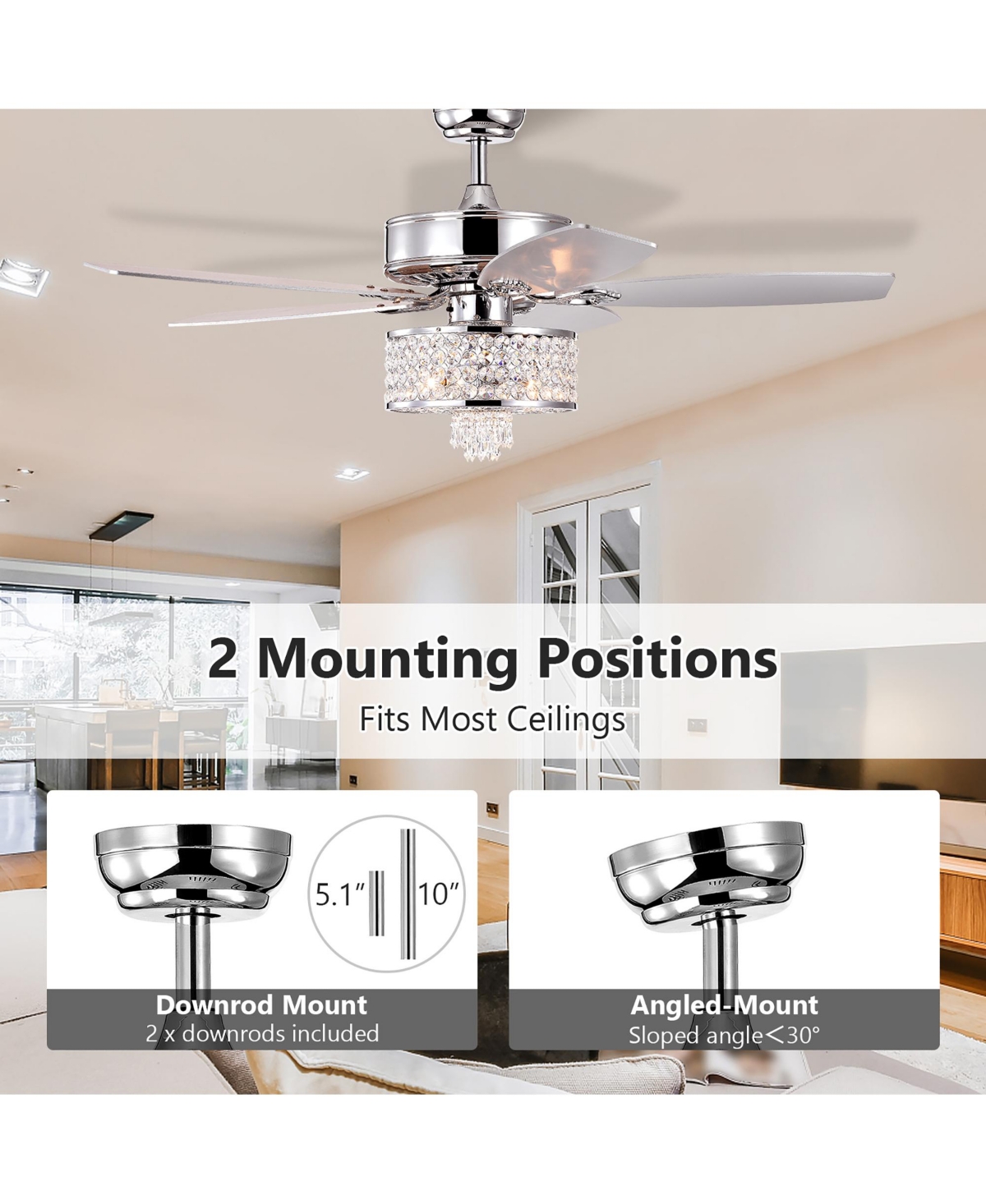 50'' Electric Crystal Ceiling Fan W/Light Adjustable Speed