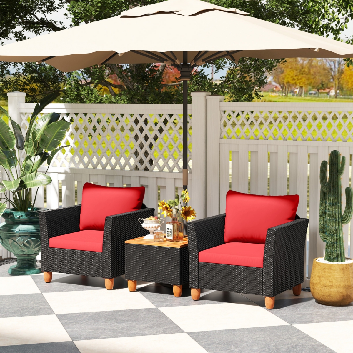 Costway 3PCS Outdoor Patio Rattan Furniture Set Wooden Table Cushioned Sofa