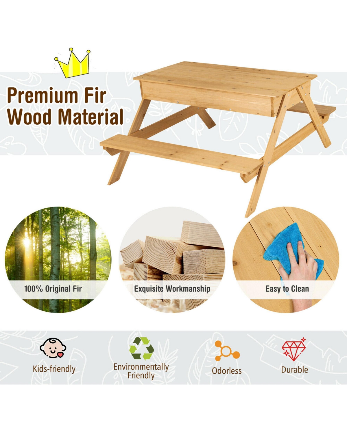 Costway 1 Kids Picnic Table Wooden Outdoor Water Sand Table w/ Play Boxes