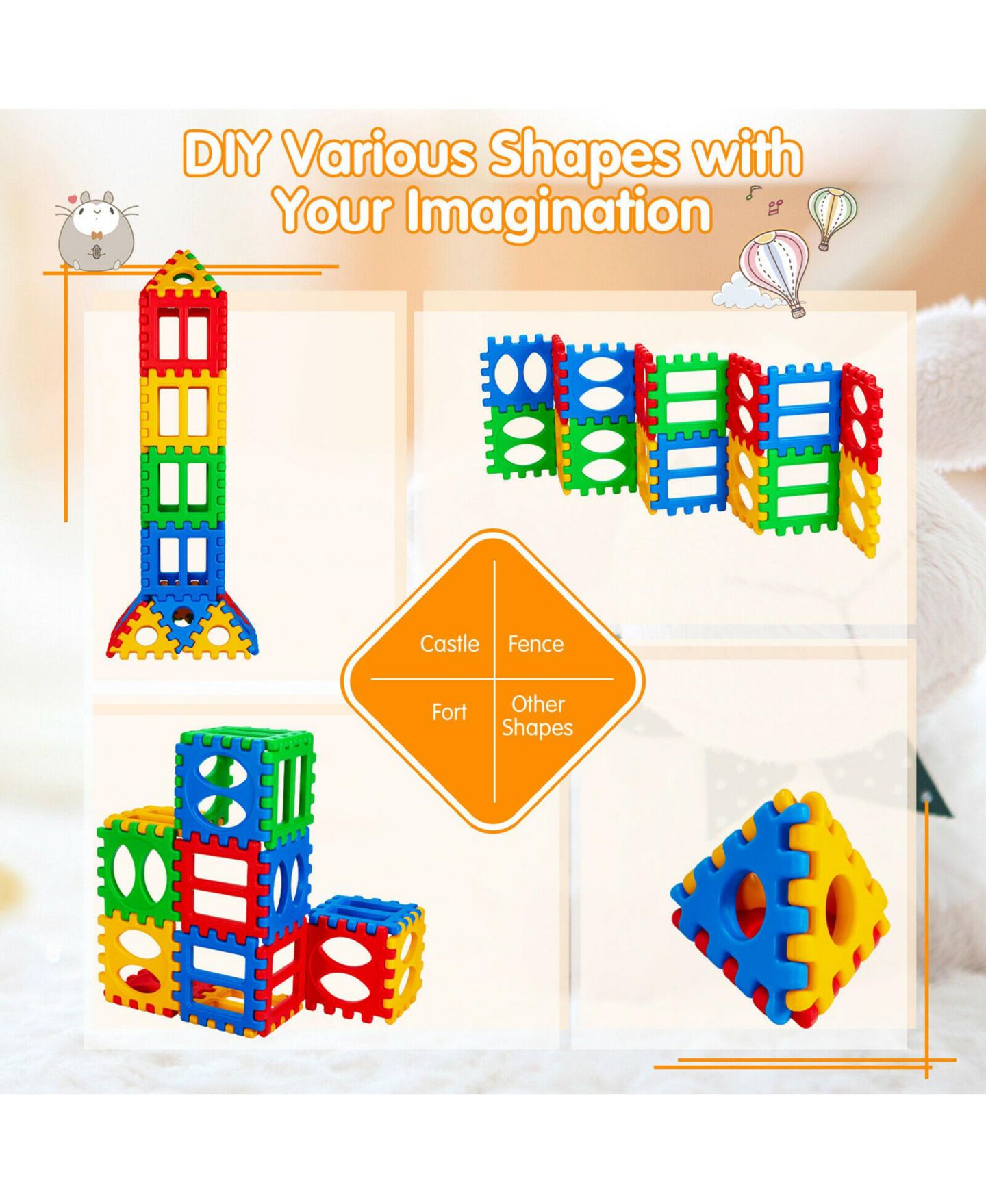 Детские конструкторы Costway 32 Pieces Big Waffle Block Set Kids Educational Stacking Building Toy, цвет: Красный — фото 8