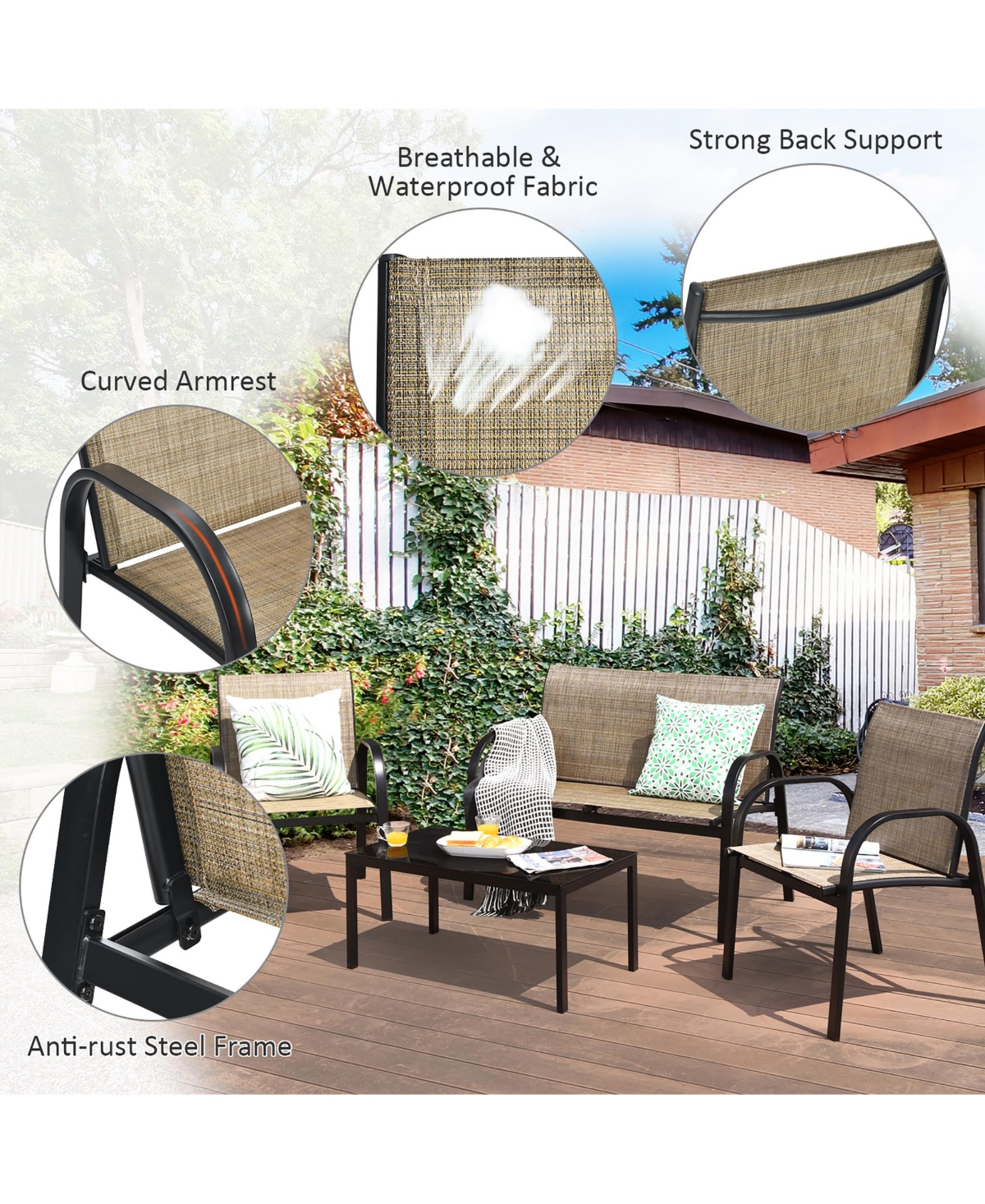 Costway 4 Pcs Patio Furniture Set Sofa Coffee Table Steel Frame Garden