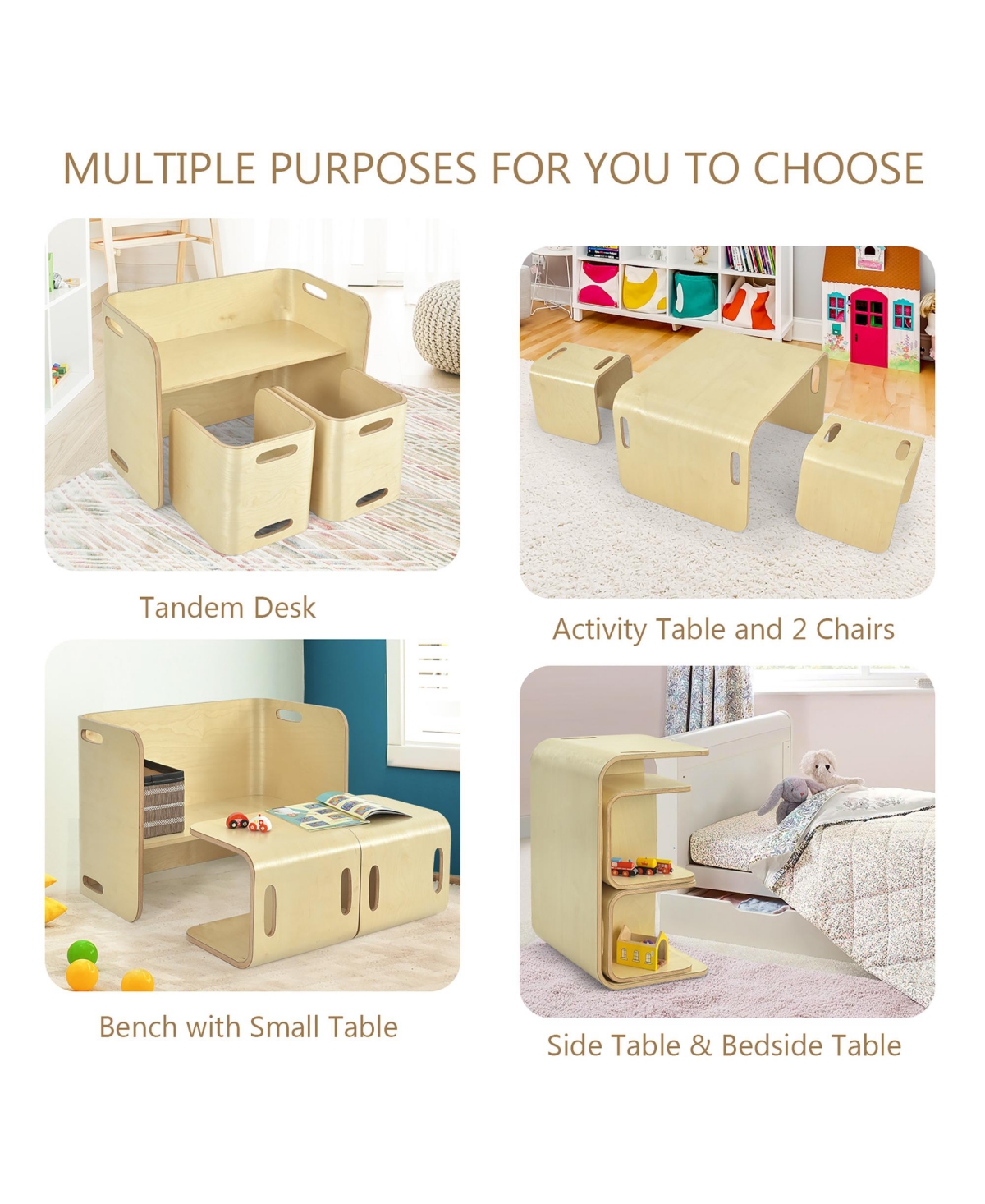 3 Piece Kids Wooden Table & Chair Set Children Multipurpose Homeschool Furniture