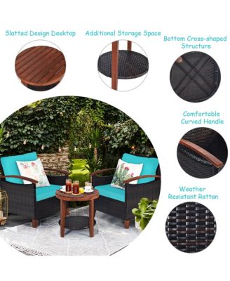 3PCS Patio Rattan Furniture Set Wooden Frame Cushion Table Shelf