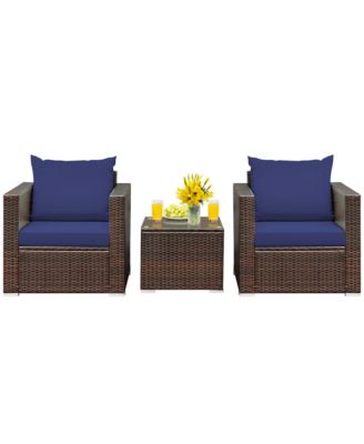 3PCS Patio Rattan Furniture Set Conversation Sofa Cushioned