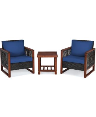 3PCS Patio Wicker Furniture Set Solid Wood Frame Cushion Sofa w/ Square Table Shelf